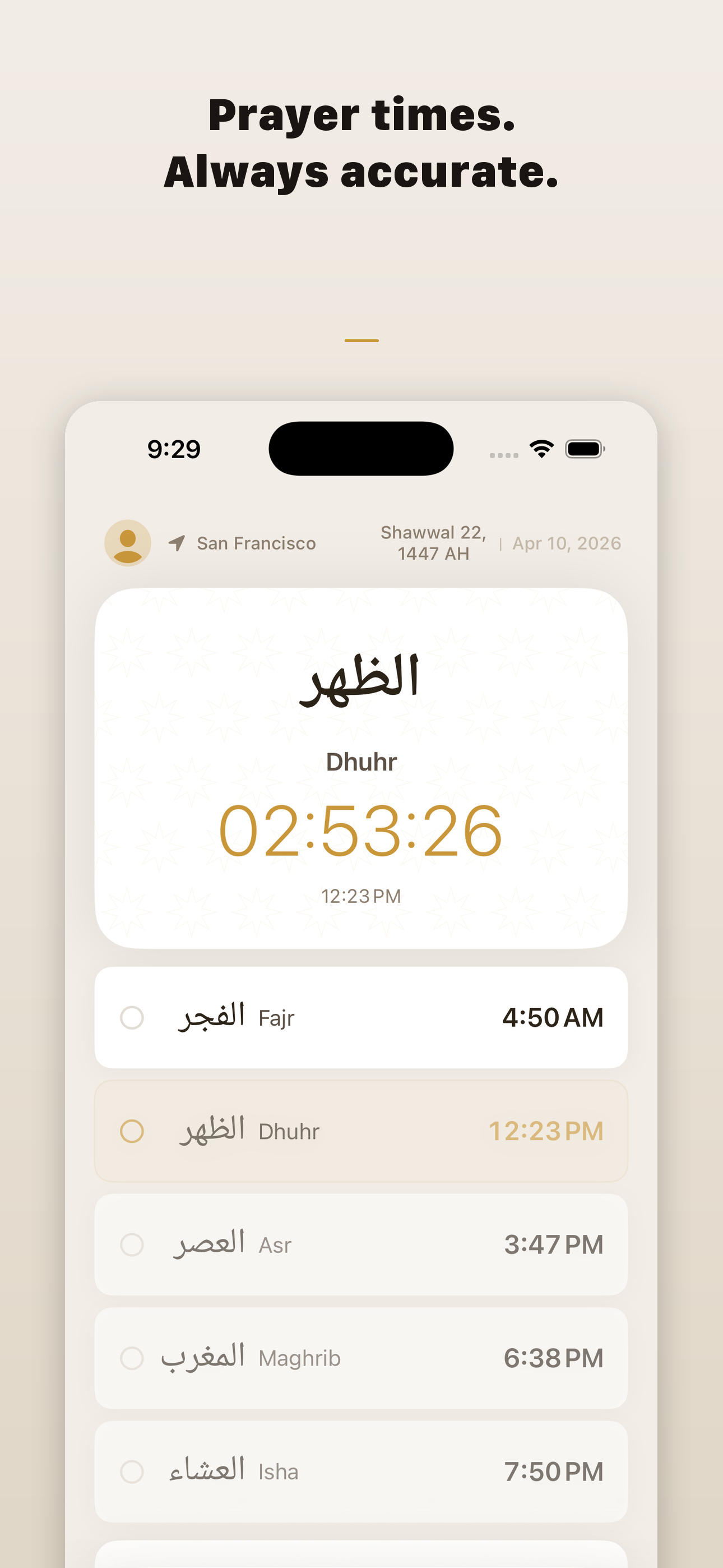 Fuad prayer times home screen with live countdown to Dhuhr and full day schedule