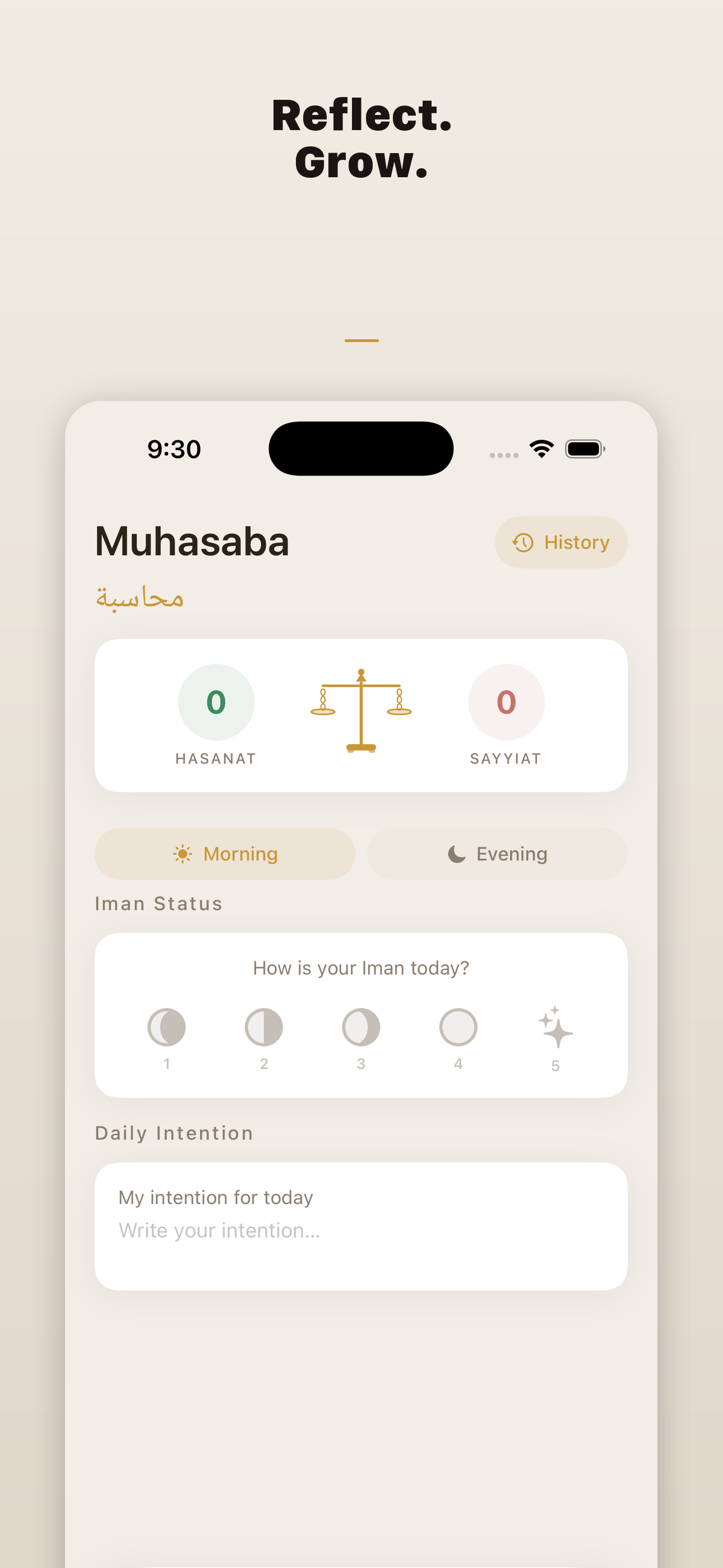 Muhasaba self-reflection journal with hasanat and sayyiat scale, iman tracker and daily intention