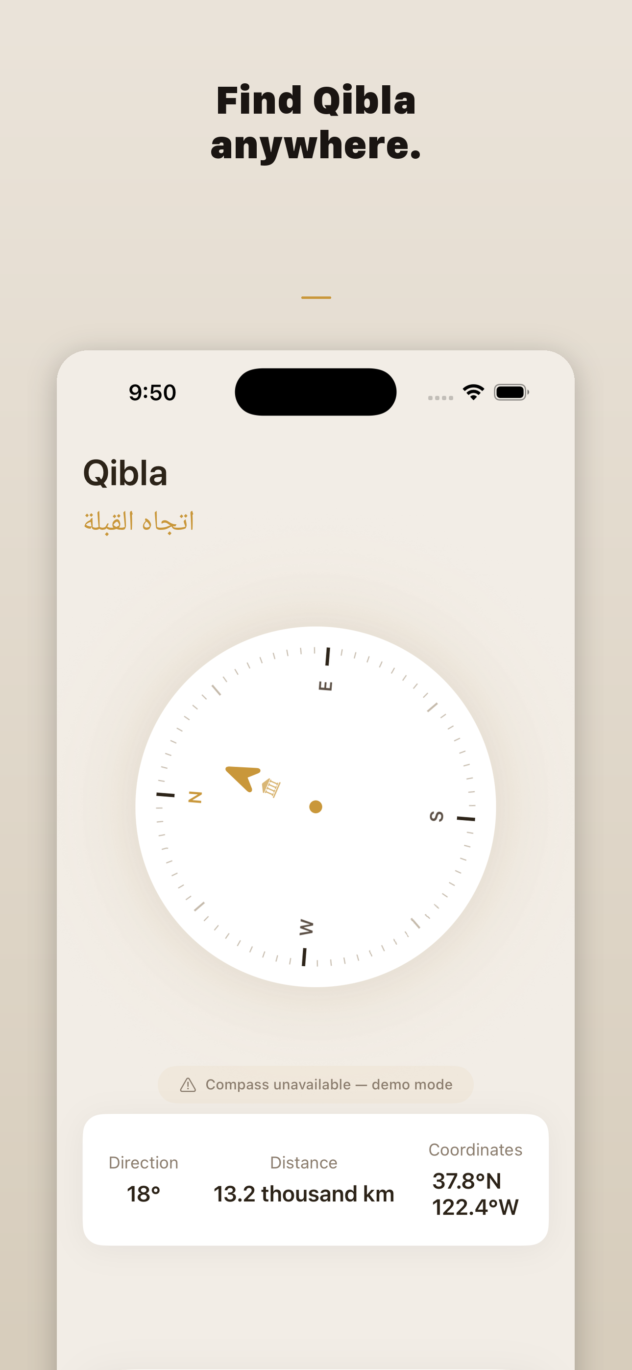 Qibla compass screen showing direction, distance to Mecca and GPS coordinates